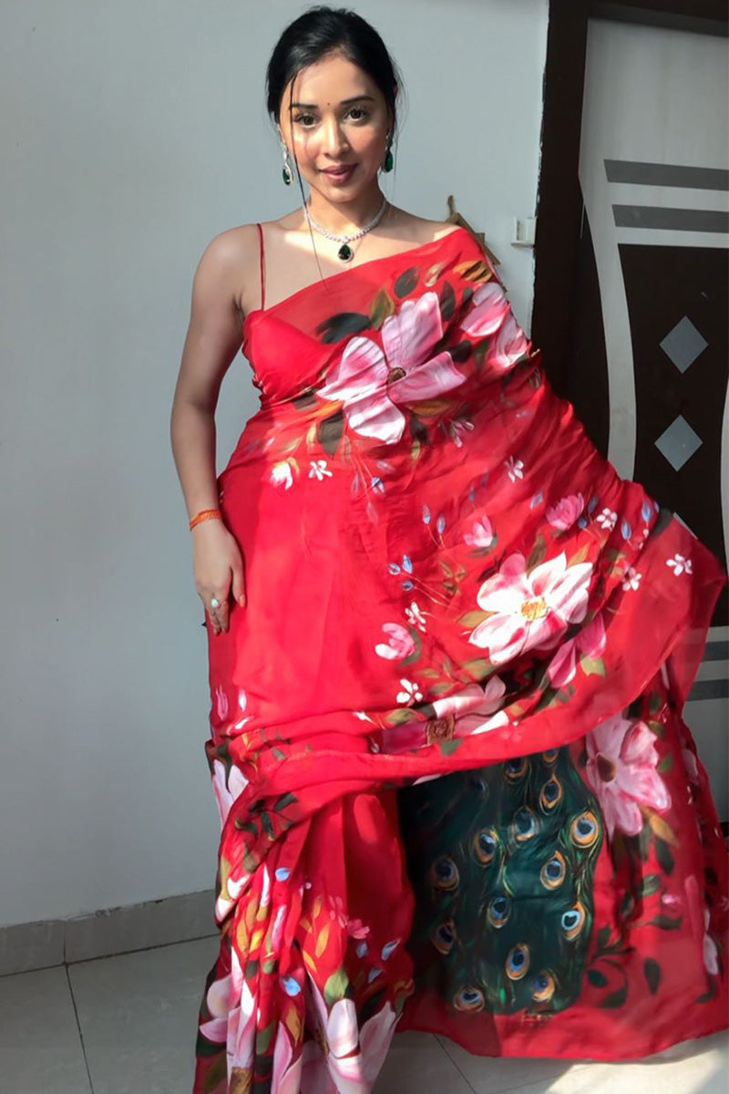 Mesmeric 1-Minute Ready To Wear Red Organza Silk Saree