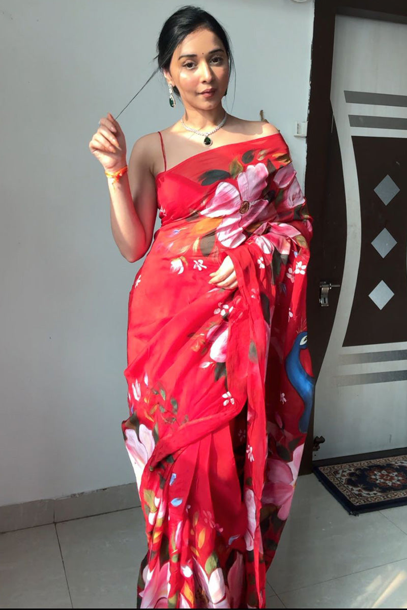 Mesmeric 1-Minute Ready To Wear Red Organza Silk Saree