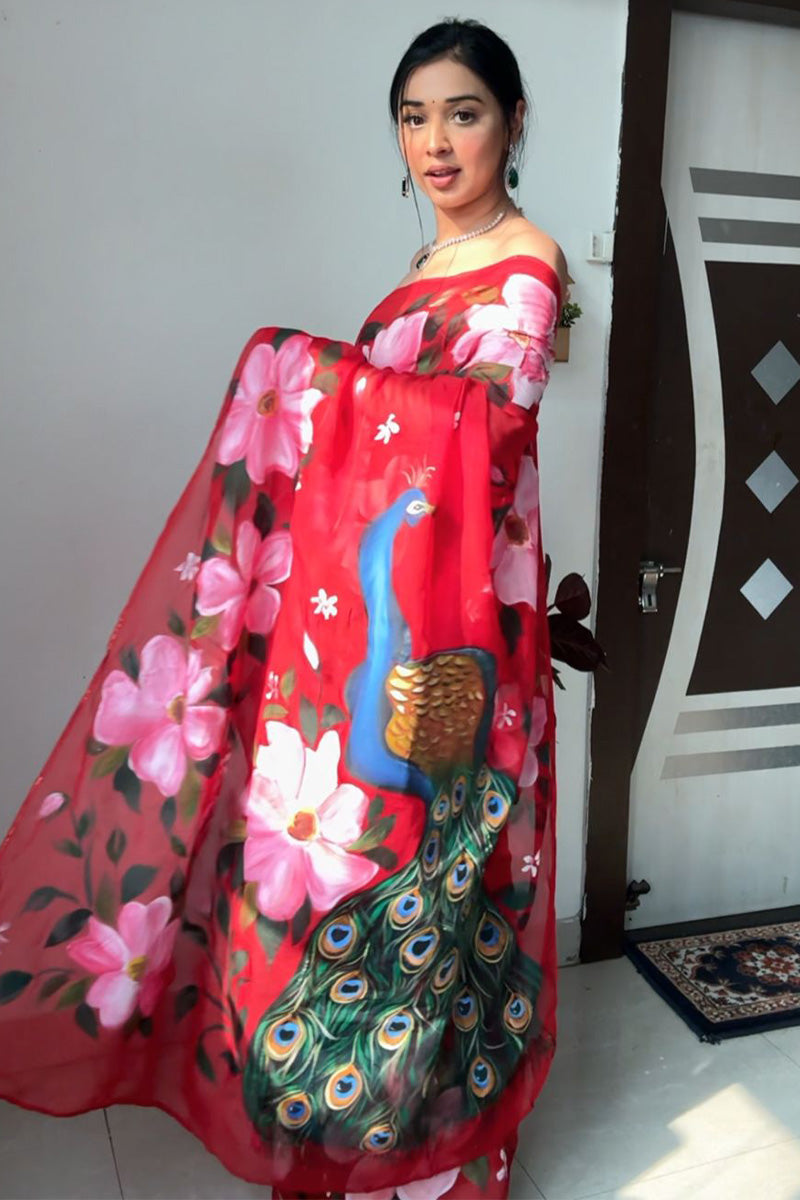 Mesmeric 1-Minute Ready To Wear Red Organza Silk Saree