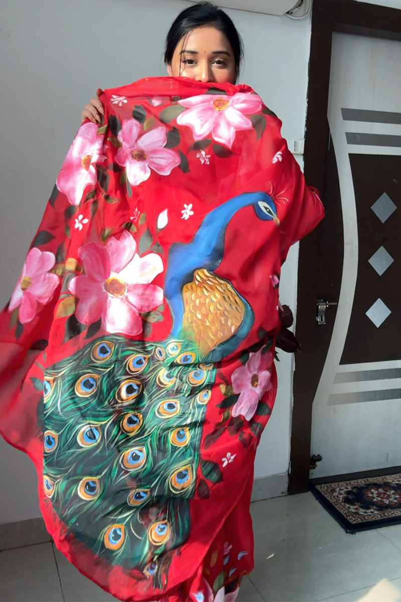 Mesmeric 1-Minute Ready To Wear Red Organza Silk Saree