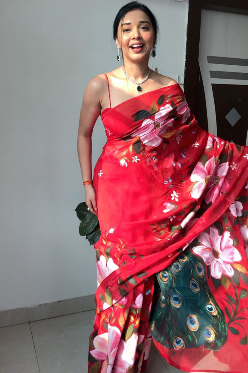 Mesmeric 1-Minute Ready To Wear Red Organza Silk Saree