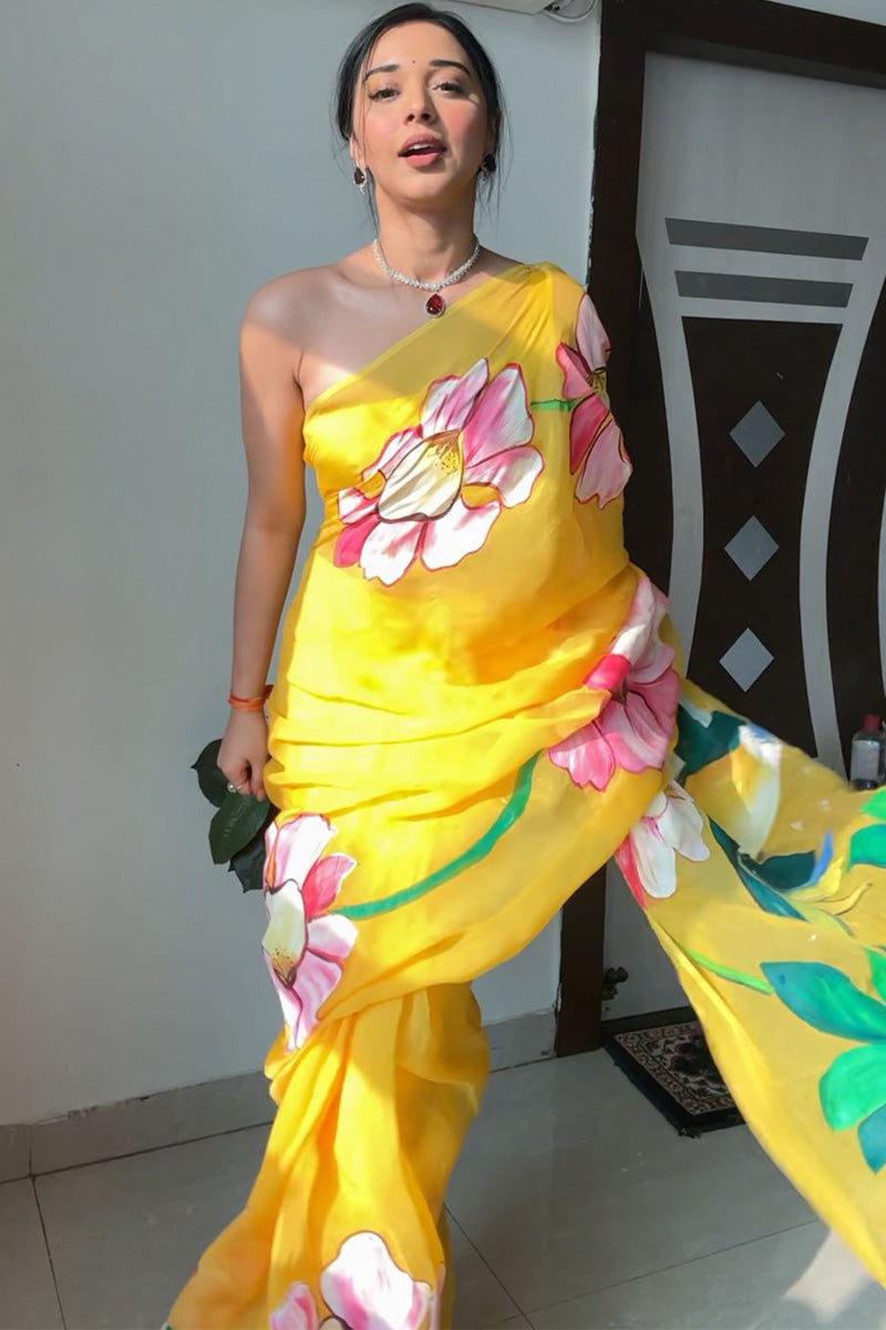 Charismatic 1-Minute Ready To Wear Yellow Organza Silk Saree