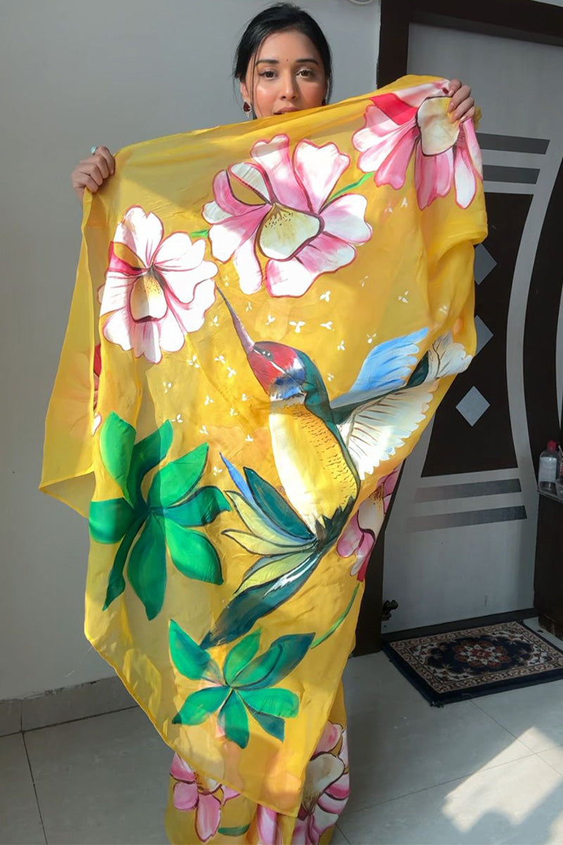 Charismatic 1-Minute Ready To Wear Yellow Organza Silk Saree