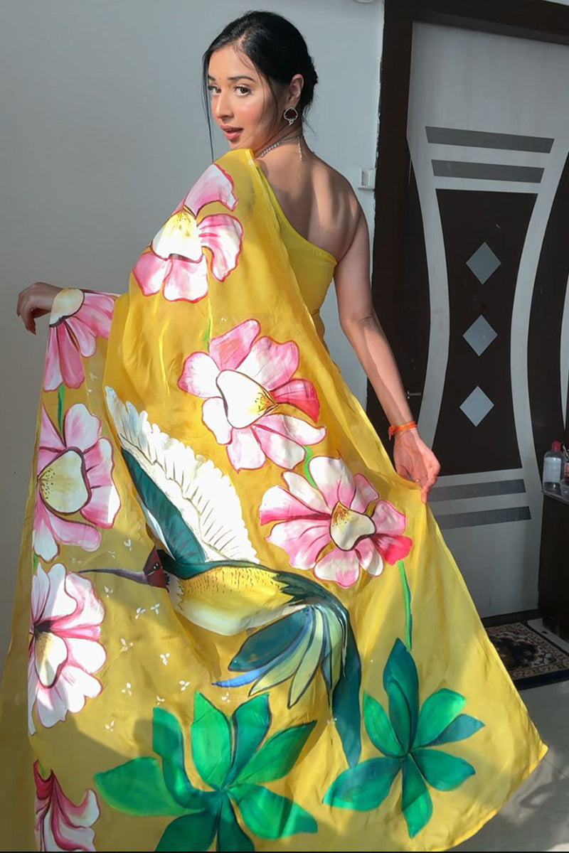 Charismatic 1-Minute Ready To Wear Yellow Organza Silk Saree