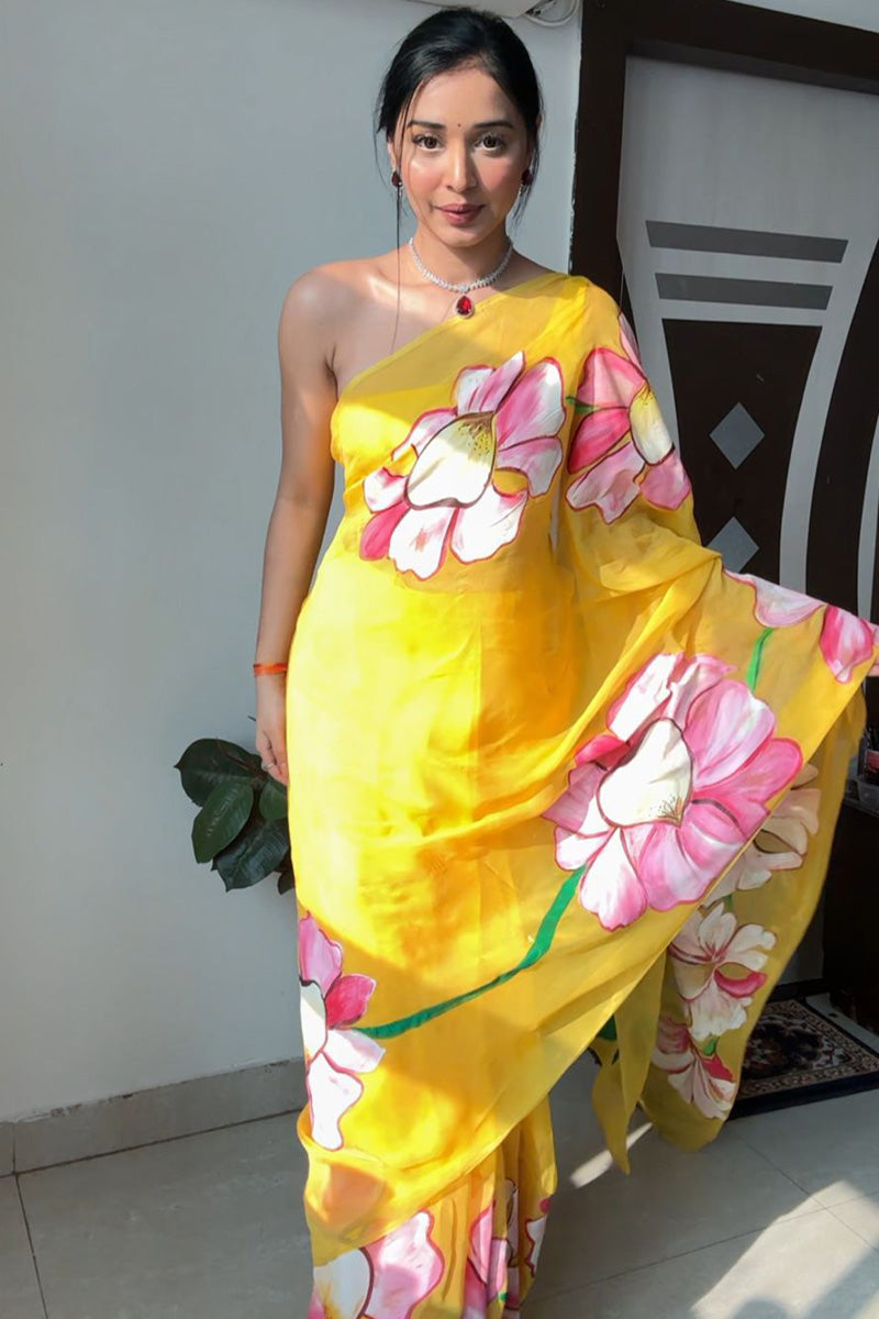 Charismatic 1-Minute Ready To Wear Yellow Organza Silk Saree