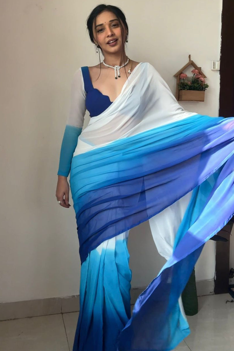 Panoply 1-Minute Ready To Wear Firozi and Blue Georgette Saree