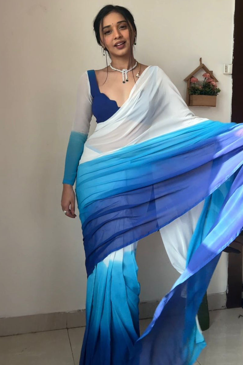 Panoply 1-Minute Ready To Wear Firozi and Blue Georgette Saree
