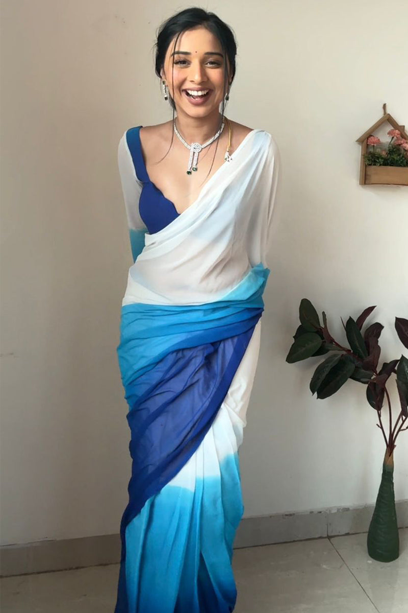 Panoply 1-Minute Ready To Wear Firozi and Blue Georgette Saree