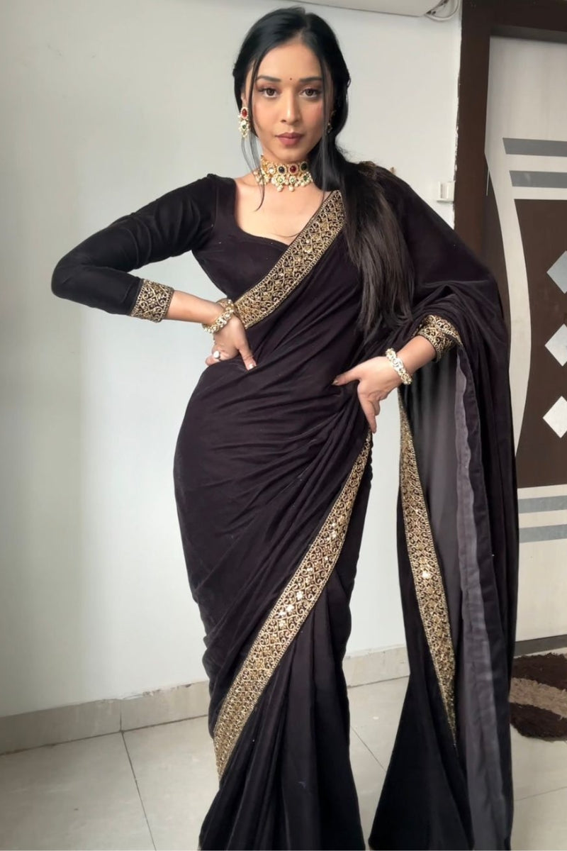 Dissemble Black 1 Minute Ready To Wear Velvet Saree With Blouse Piece