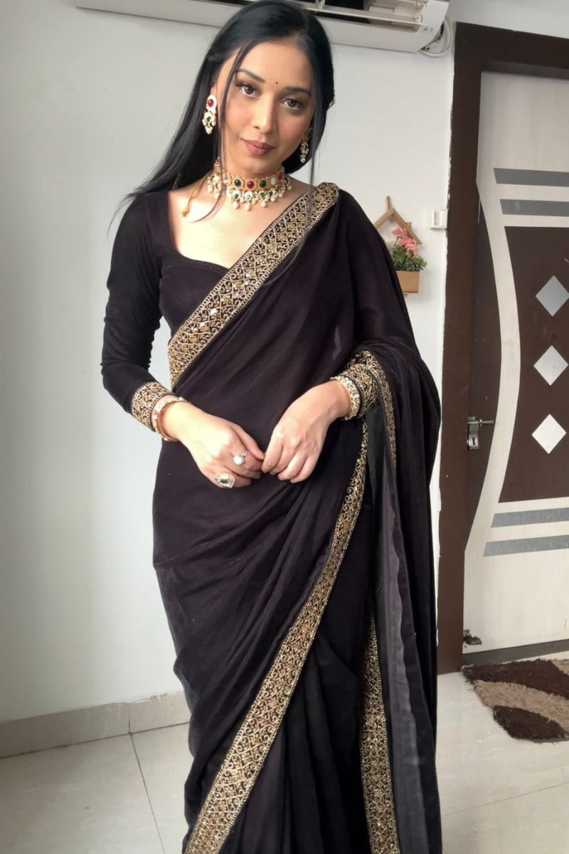 Dissemble Black 1 Minute Ready To Wear Velvet Saree With Blouse Piece