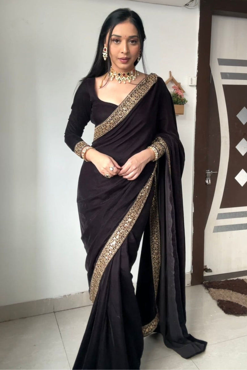 Dissemble Black 1 Minute Ready To Wear Velvet Saree With Blouse Piece