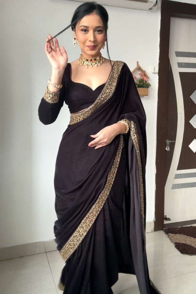 Dissemble Black 1 Minute Ready To Wear Velvet Saree With Blouse Piece