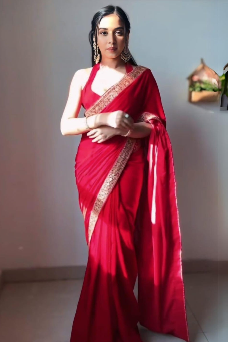 Exquisite Red 1 Minute Ready To Wear Velvet Saree With Blouse Piece
