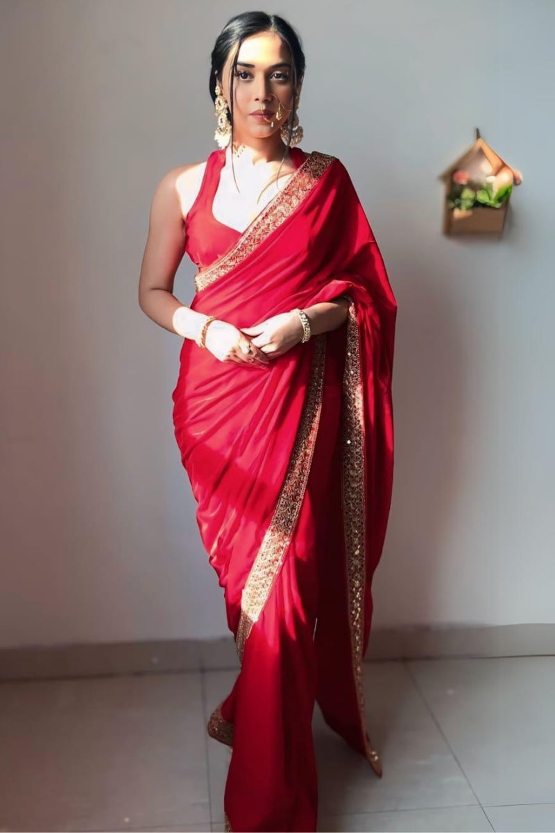 Exquisite Red 1 Minute Ready To Wear Velvet Saree With Blouse Piece