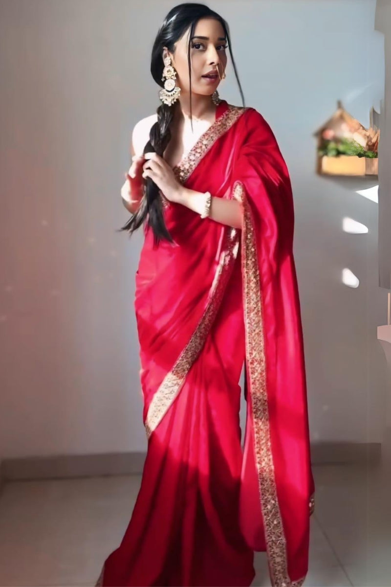 Exquisite Red 1 Minute Ready To Wear Velvet Saree With Blouse Piece