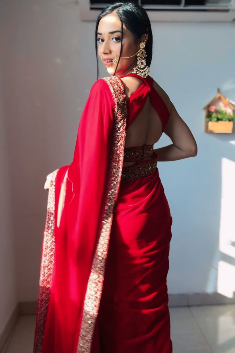 Exquisite Red 1 Minute Ready To Wear Velvet Saree With Blouse Piece
