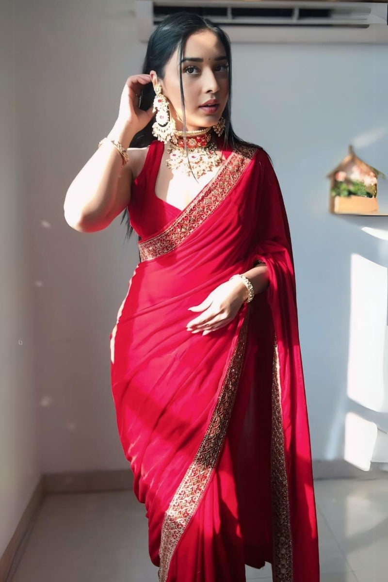 Exquisite Red 1 Minute Ready To Wear Velvet Saree With Blouse Piece