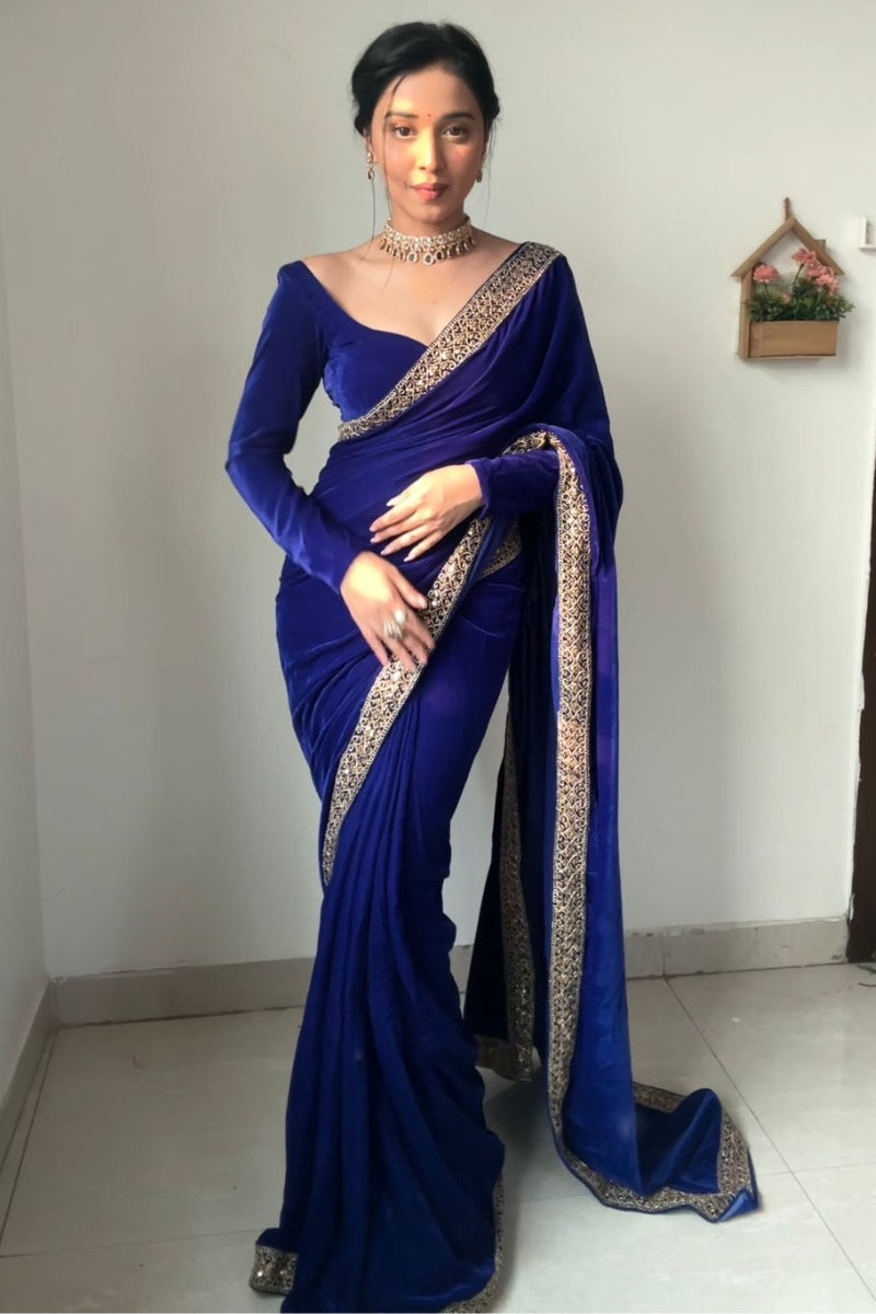 Ephemeral Royal Blue 1 Minute Ready To Wear Velvet Saree With Blouse Piece