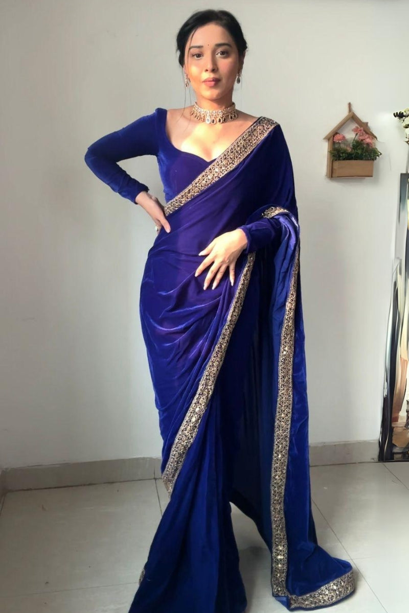 Ephemeral Royal Blue 1 Minute Ready To Wear Velvet Saree With Blouse Piece