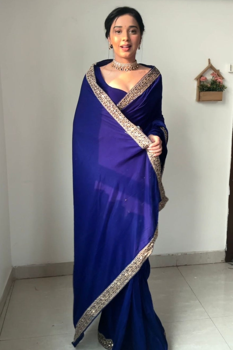 Ephemeral Royal Blue 1 Minute Ready To Wear Velvet Saree With Blouse Piece