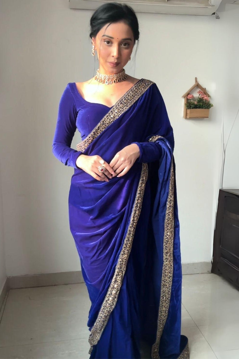 Ephemeral Royal Blue 1 Minute Ready To Wear Velvet Saree With Blouse Piece