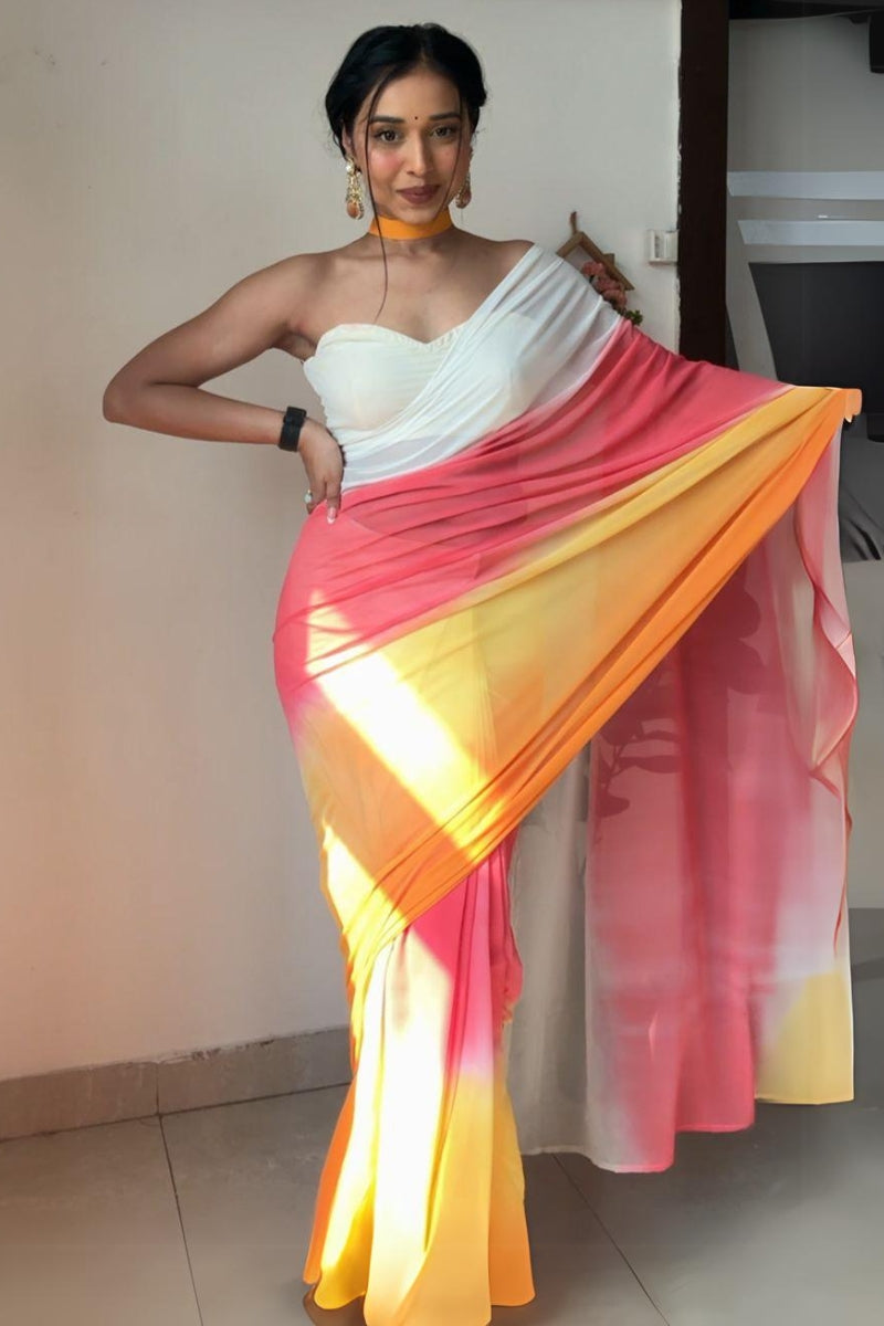 Impressive 1-Minute Ready To Wear Yellow and Pink Georgette Saree