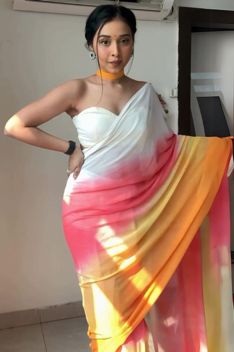 Impressive 1-Minute Ready To Wear Yellow and Pink Georgette Saree