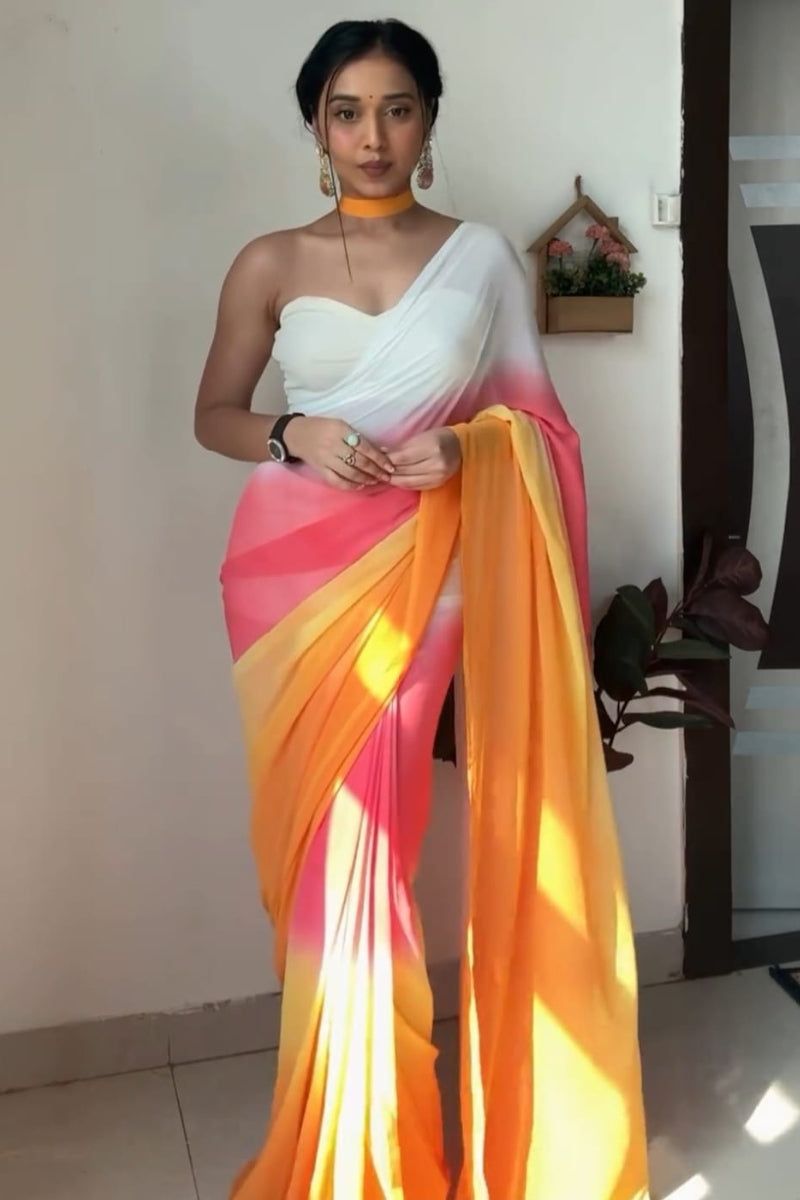 Impressive 1-Minute Ready To Wear Yellow and Pink Georgette Saree