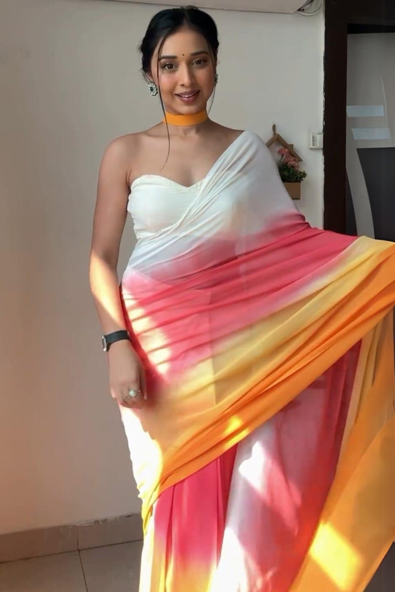 Impressive 1-Minute Ready To Wear Yellow and Pink Georgette Saree
