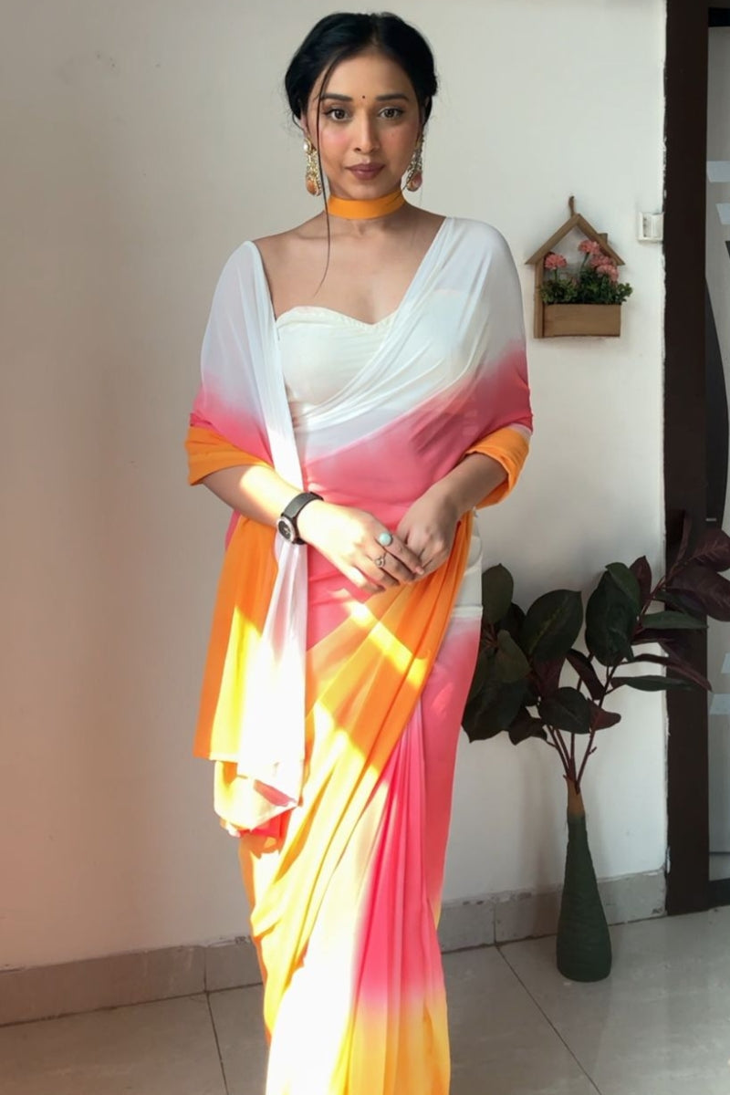 Impressive 1-Minute Ready To Wear Yellow and Pink Georgette Saree