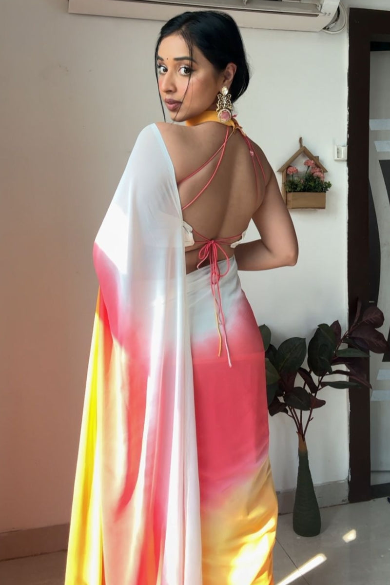 Impressive 1-Minute Ready To Wear Yellow and Pink Georgette Saree