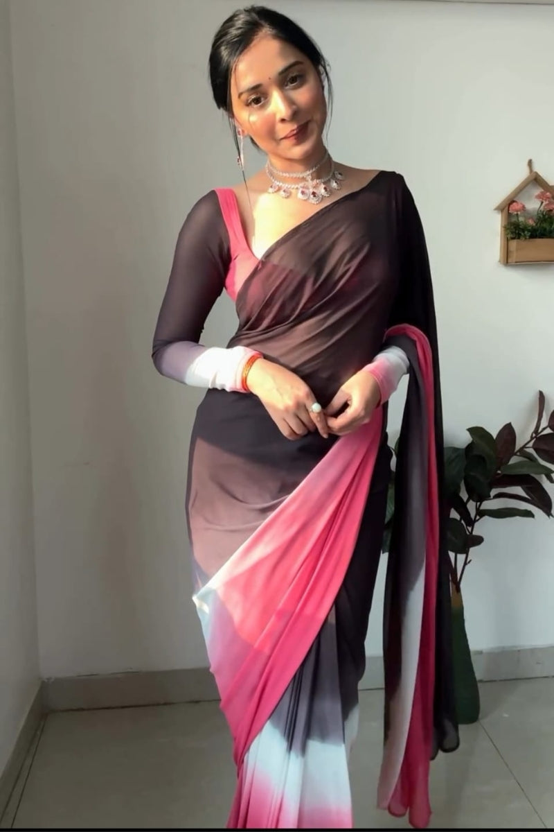 Super classy 1-Minute Ready To Wear Black and Pink Georgette Saree