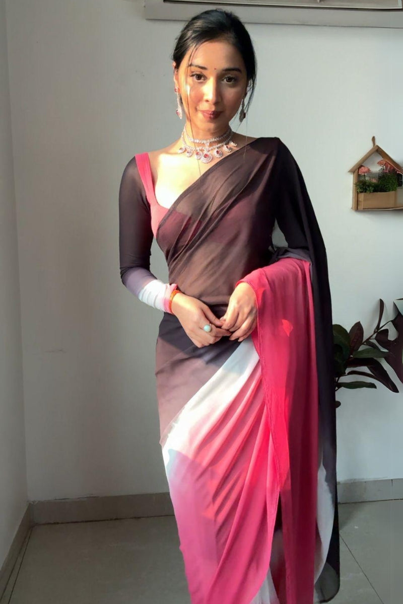 Super classy 1-Minute Ready To Wear Black and Pink Georgette Saree