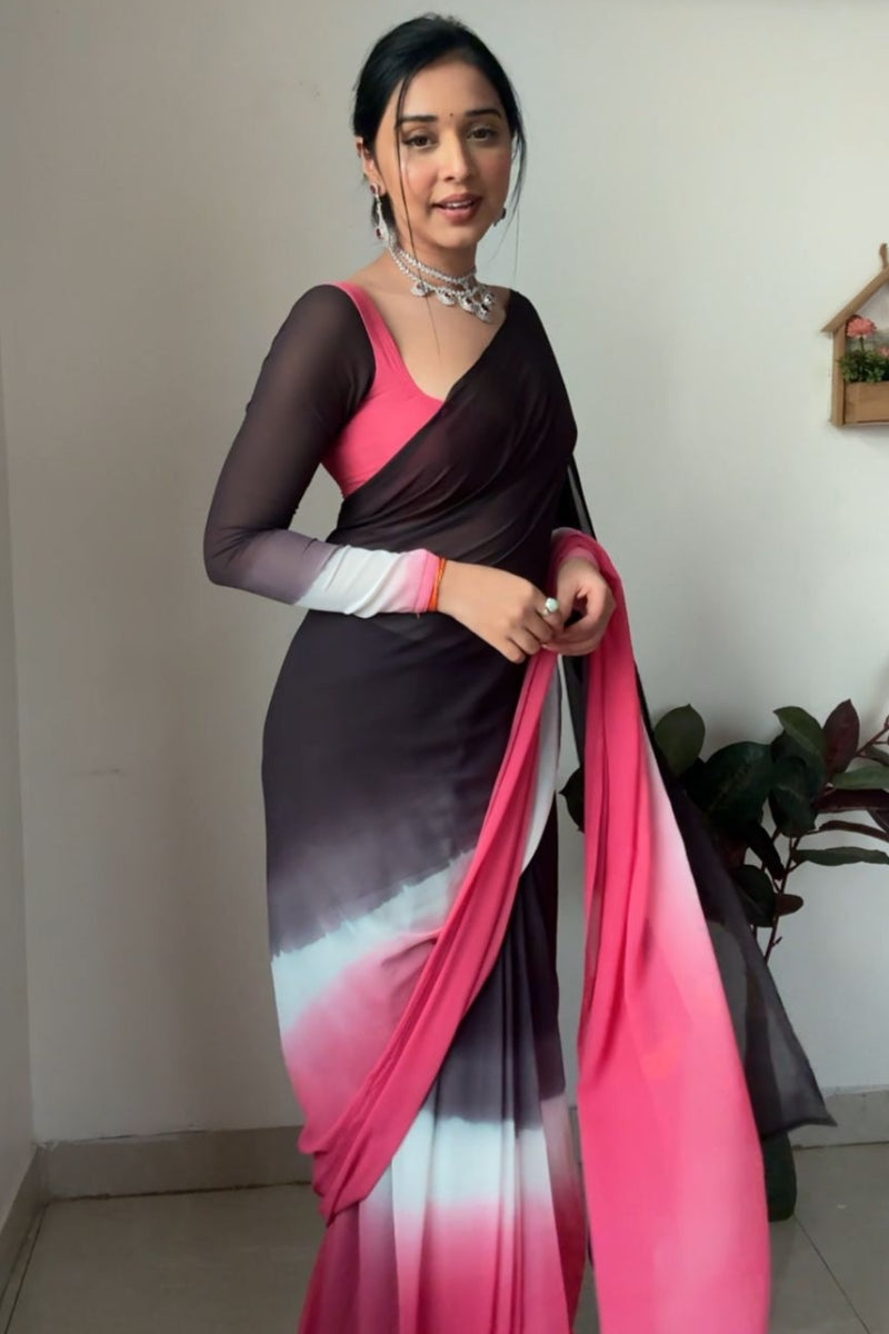 Super classy 1-Minute Ready To Wear Black and Pink Georgette Saree