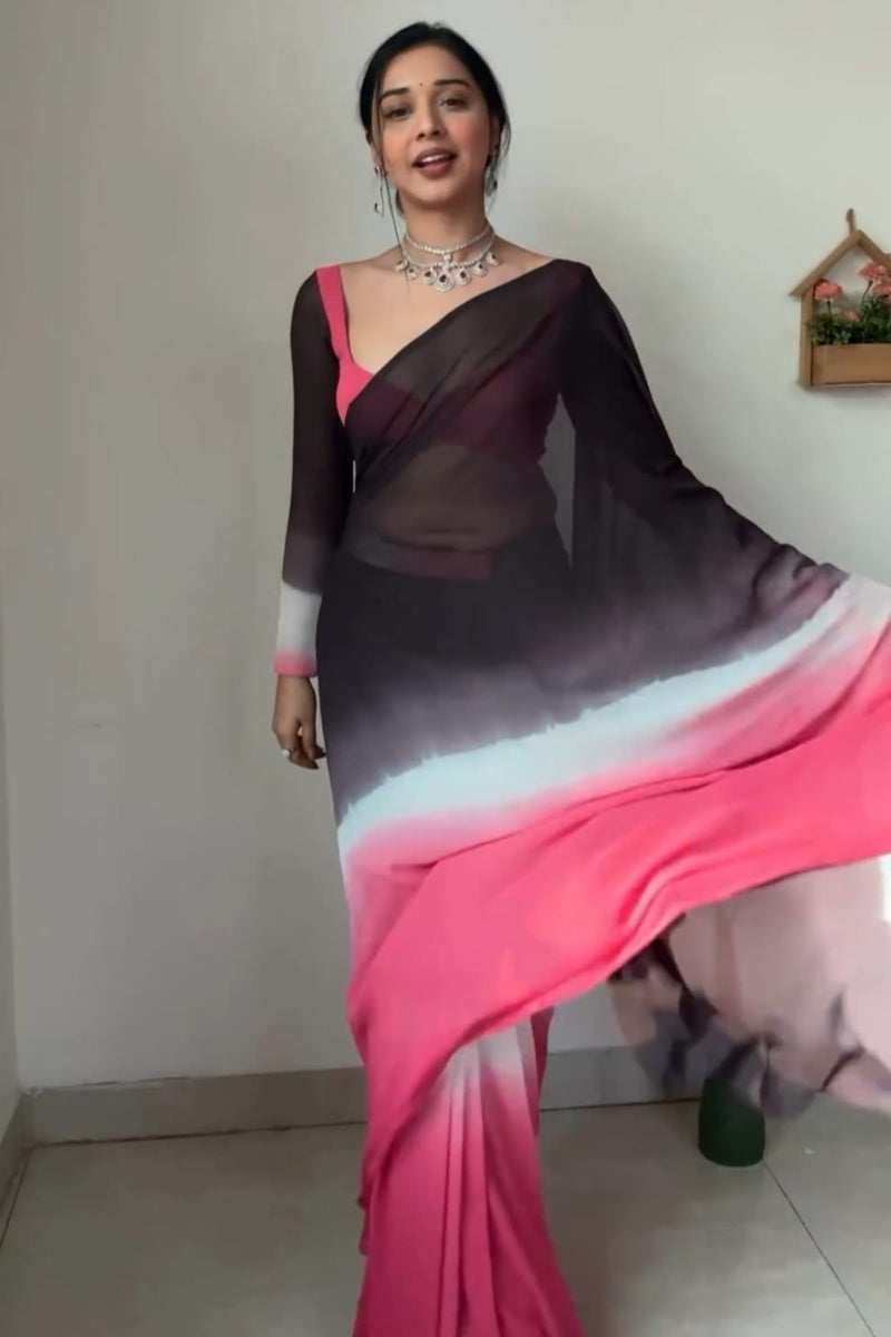 Super classy 1-Minute Ready To Wear Black and Pink Georgette Saree