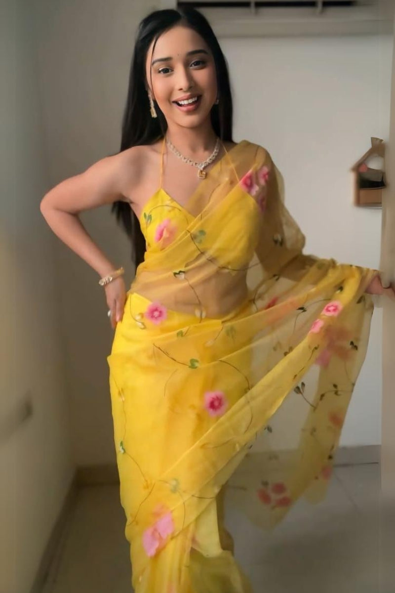 Luxuriant 1-Minute Ready To Wear Yellow Organza Silk Saree