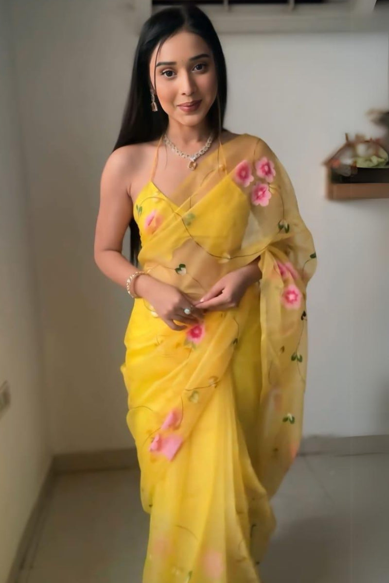 Luxuriant 1-Minute Ready To Wear Yellow Organza Silk Saree