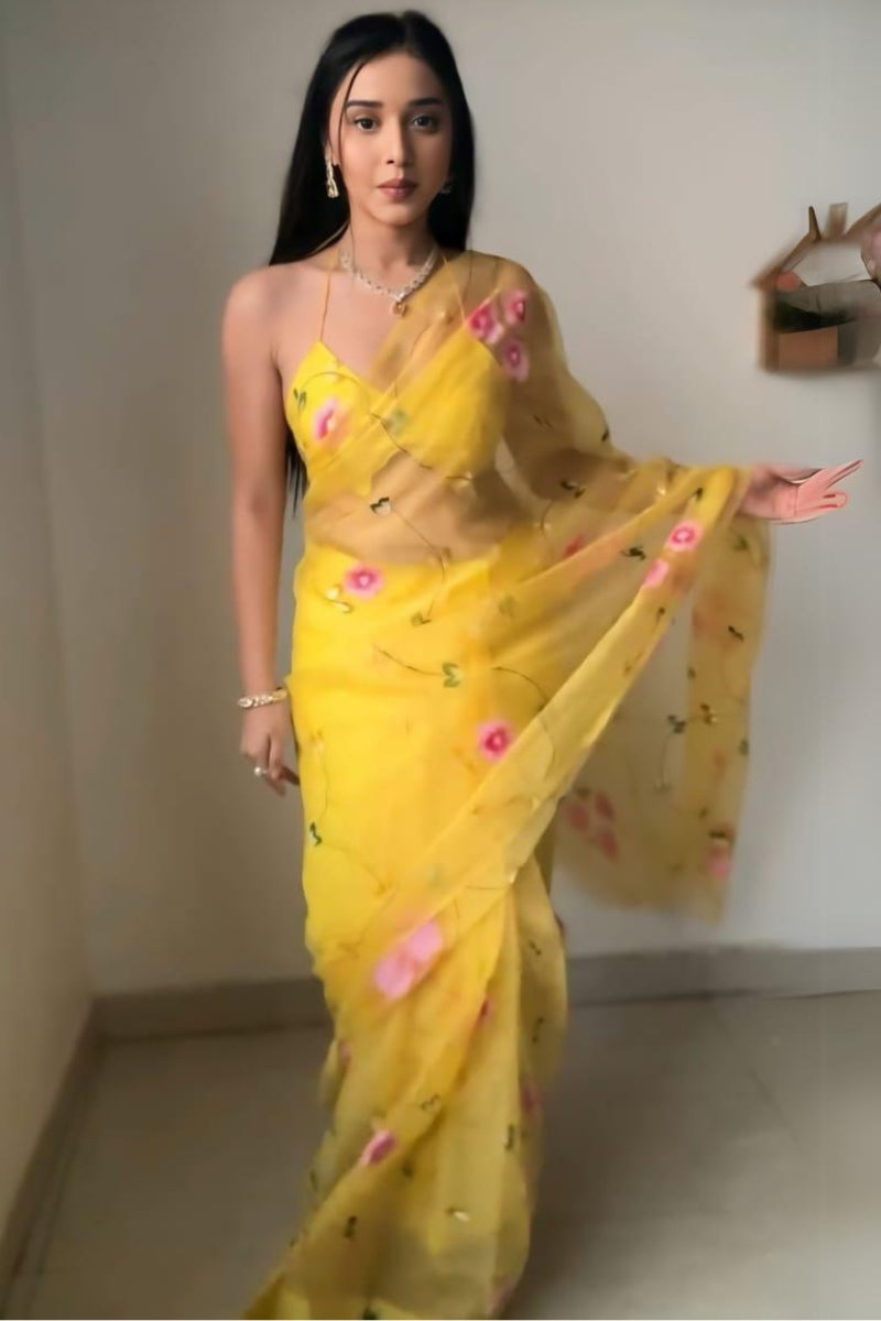 Luxuriant 1-Minute Ready To Wear Yellow Organza Silk Saree