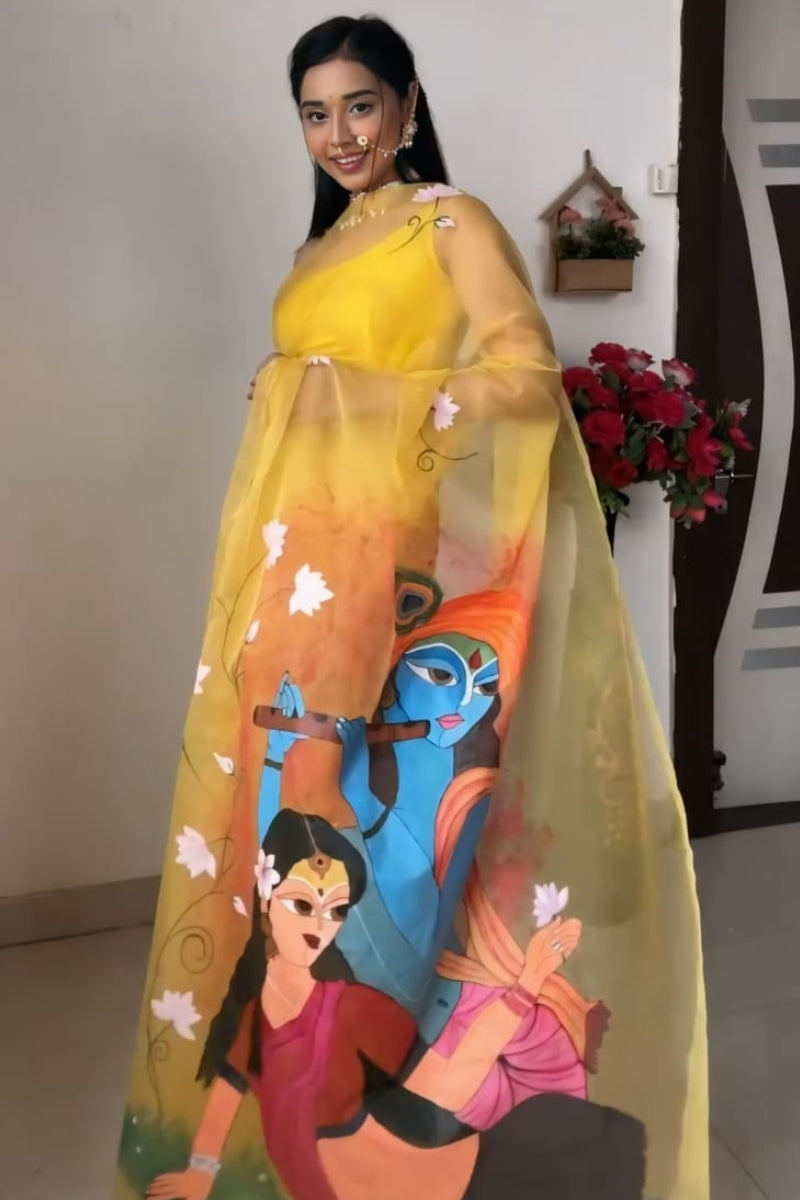 Sonorous 1-Minute Ready To Wear Yellow Organza Silk Saree