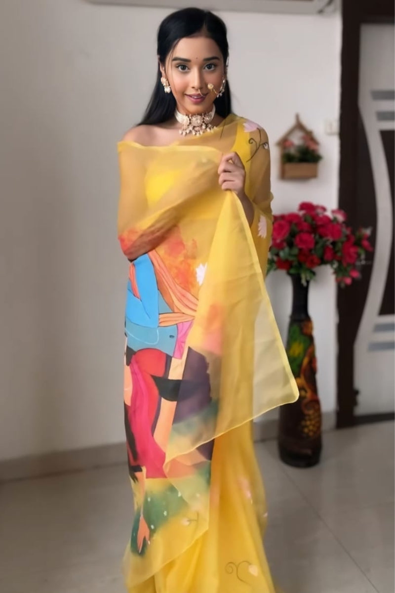 Sonorous 1-Minute Ready To Wear Yellow Organza Silk Saree