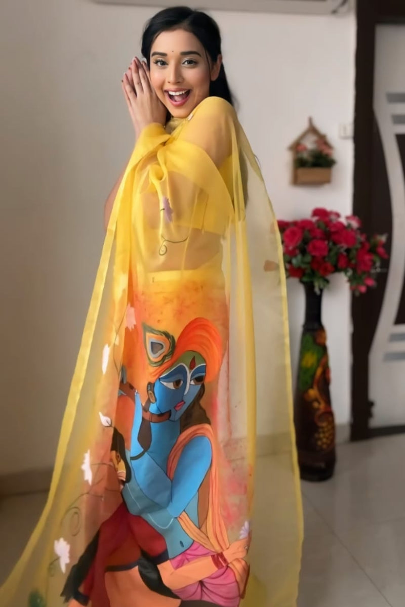 Sonorous 1-Minute Ready To Wear Yellow Organza Silk Saree