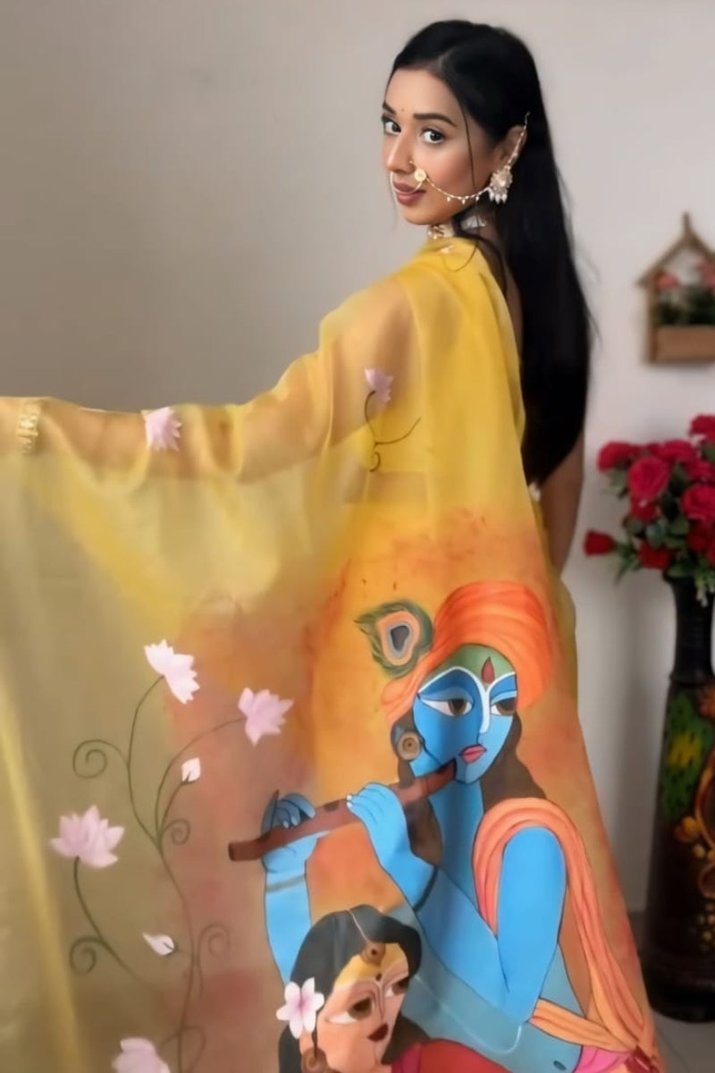 Sonorous 1-Minute Ready To Wear Yellow Organza Silk Saree
