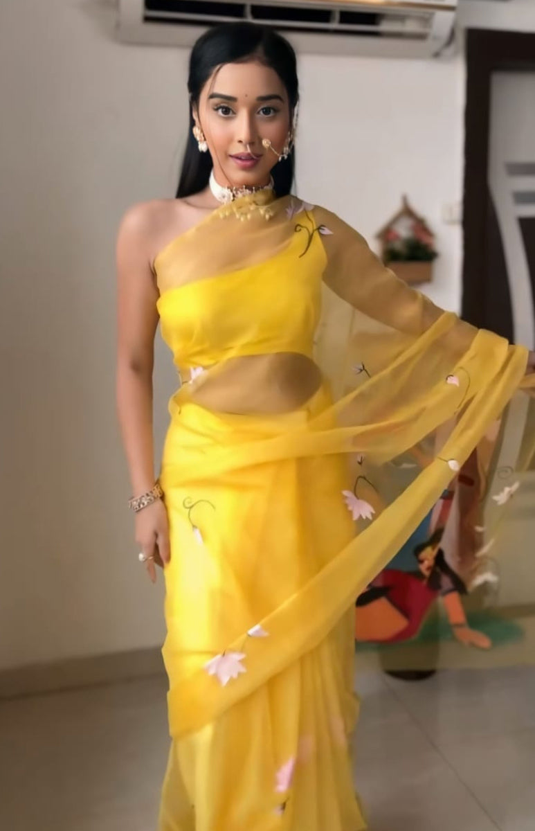 Sonorous 1-Minute Ready To Wear Yellow Organza Silk Saree