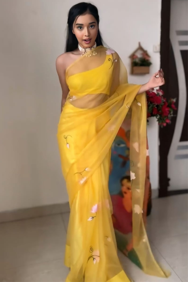 Sonorous 1-Minute Ready To Wear Yellow Organza Silk Saree