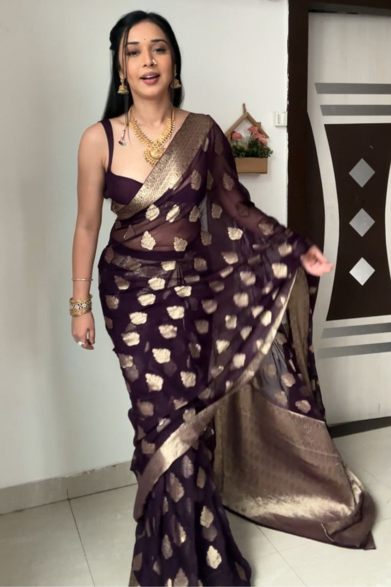 Stunning 1-Minute Ready To Wear Dark Purple Cotton Silk Saree