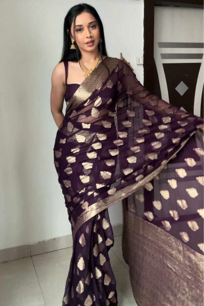 Stunning 1-Minute Ready To Wear Dark Purple Cotton Silk Saree