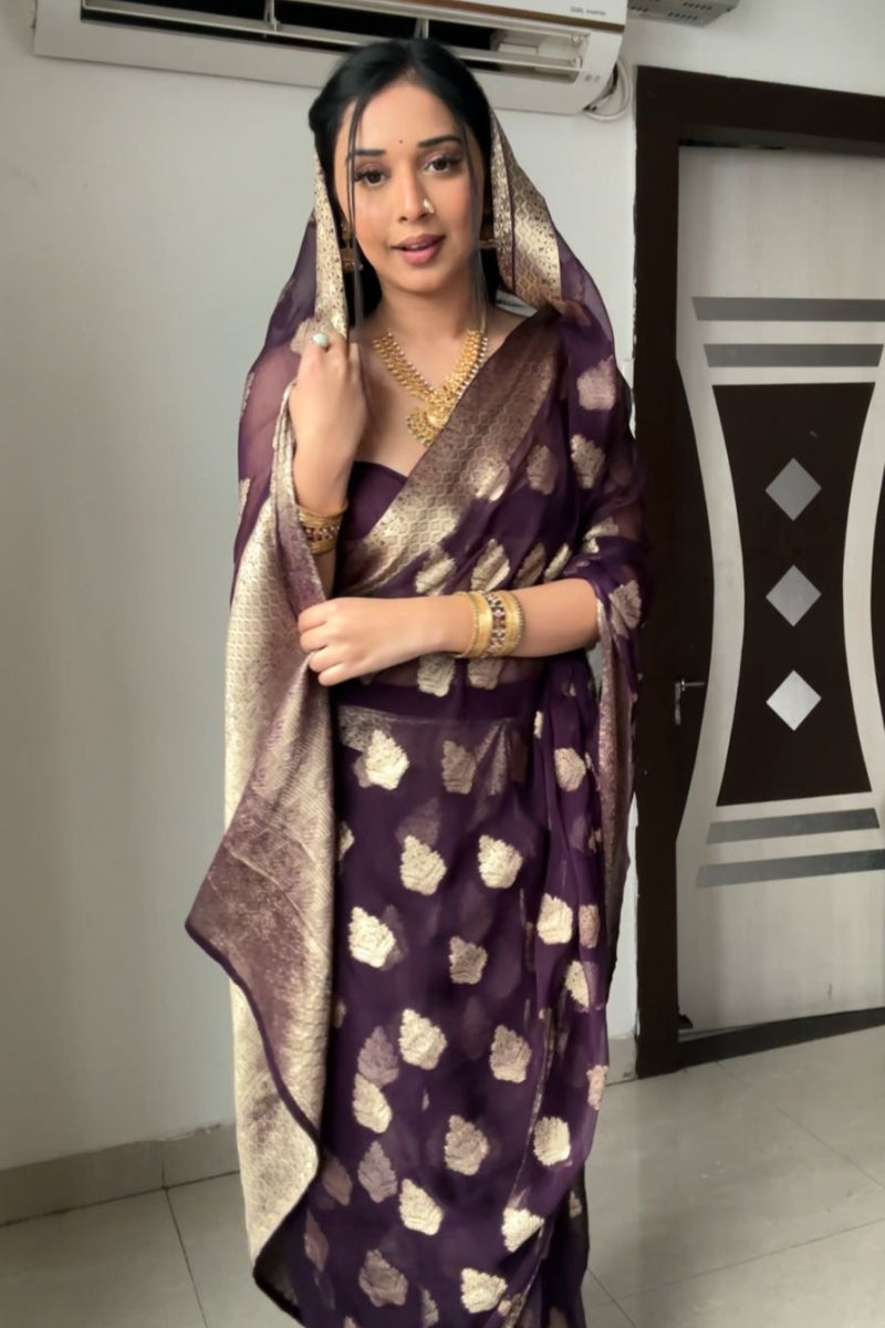Stunning 1-Minute Ready To Wear Dark Purple Cotton Silk Saree