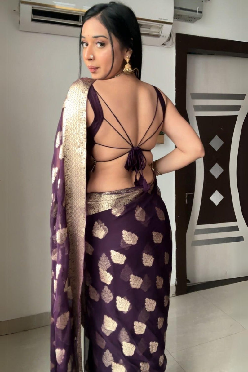 Stunning 1-Minute Ready To Wear Dark Purple Cotton Silk Saree