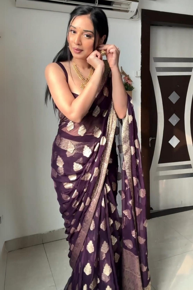 Stunning 1-Minute Ready To Wear Dark Purple Cotton Silk Saree