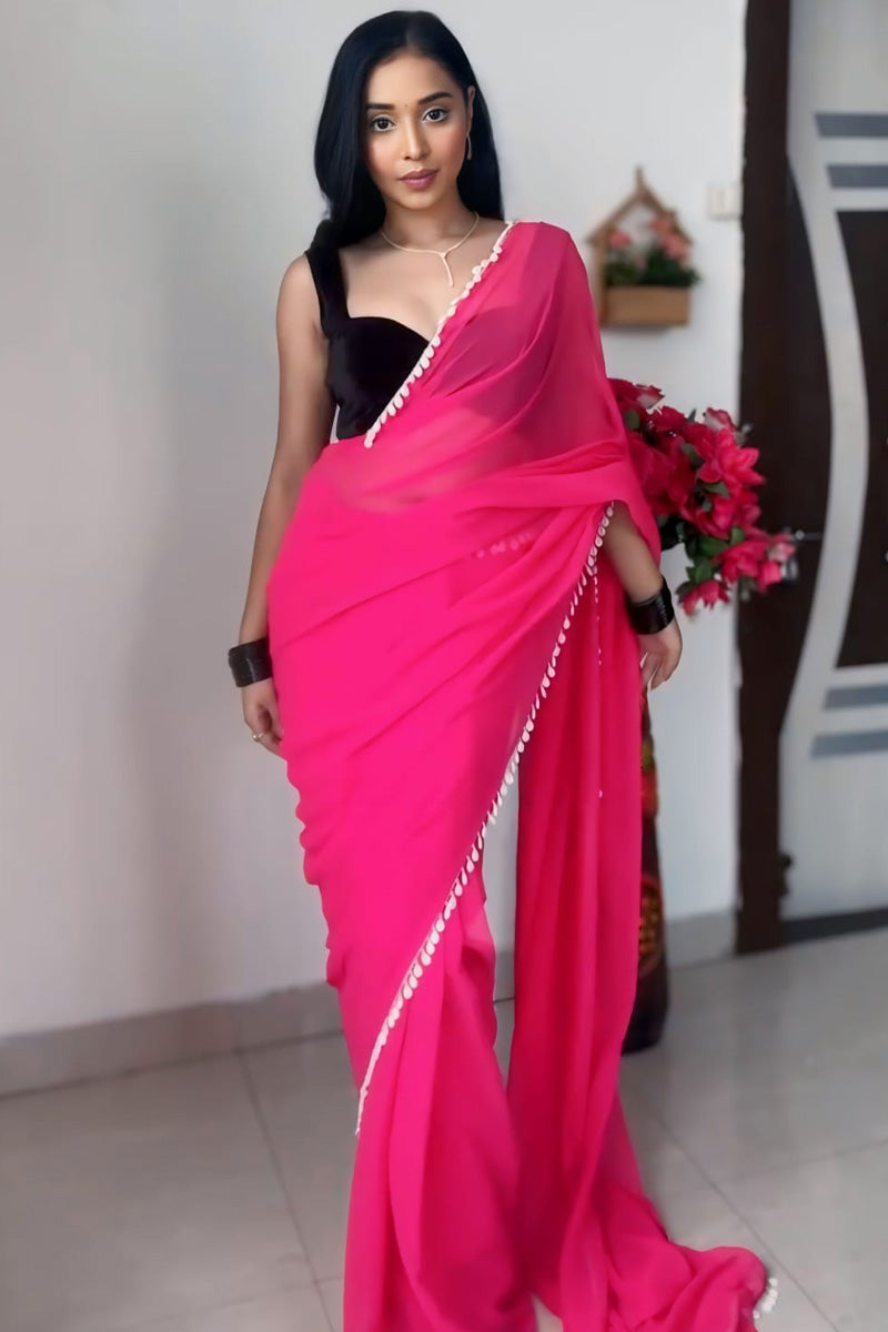 Susurrous 1-Minute Ready To Wear Pink Georgette Saree